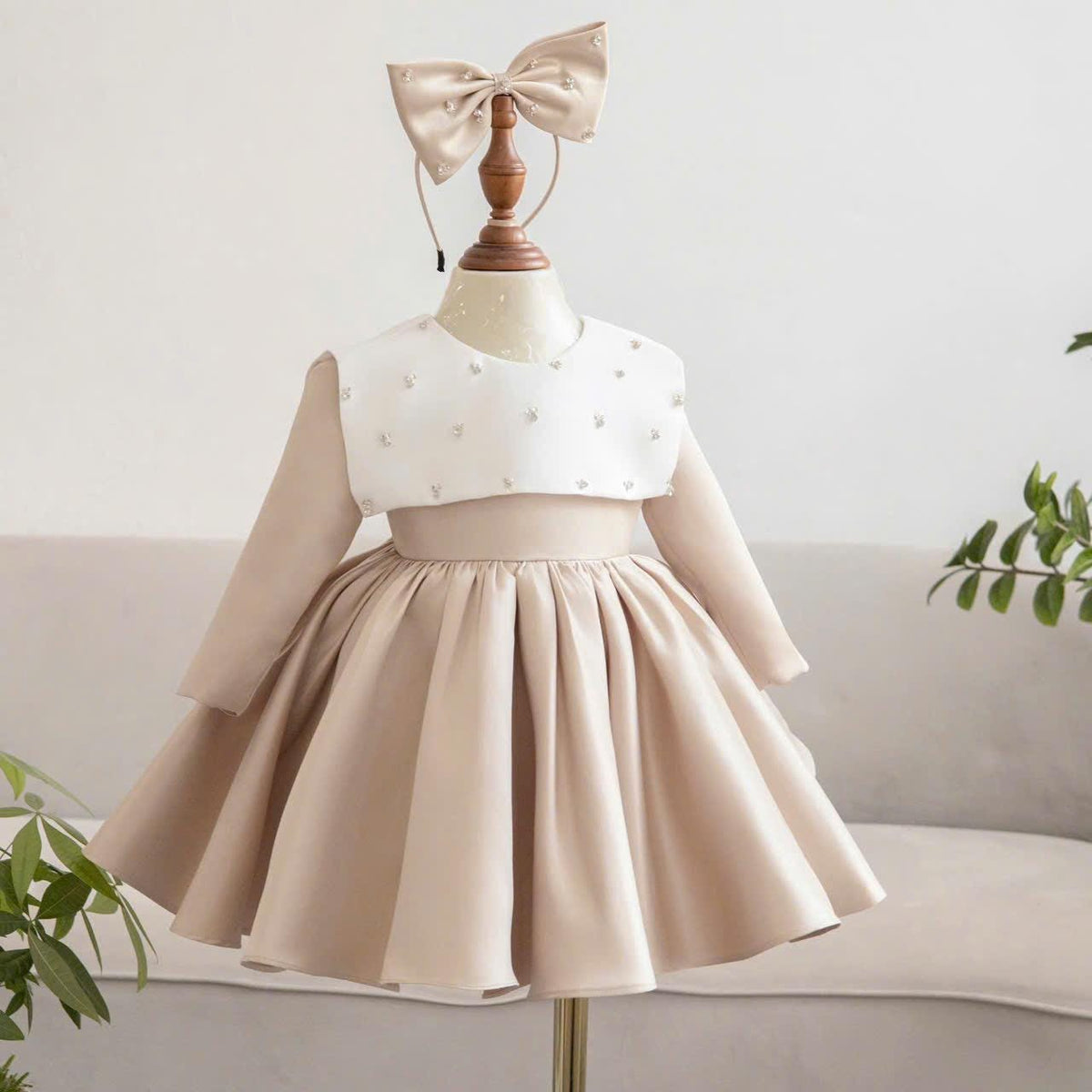 Beige Toddler Girl Dress: Pearl Cape, Bow Headband - Formal Party Outfit