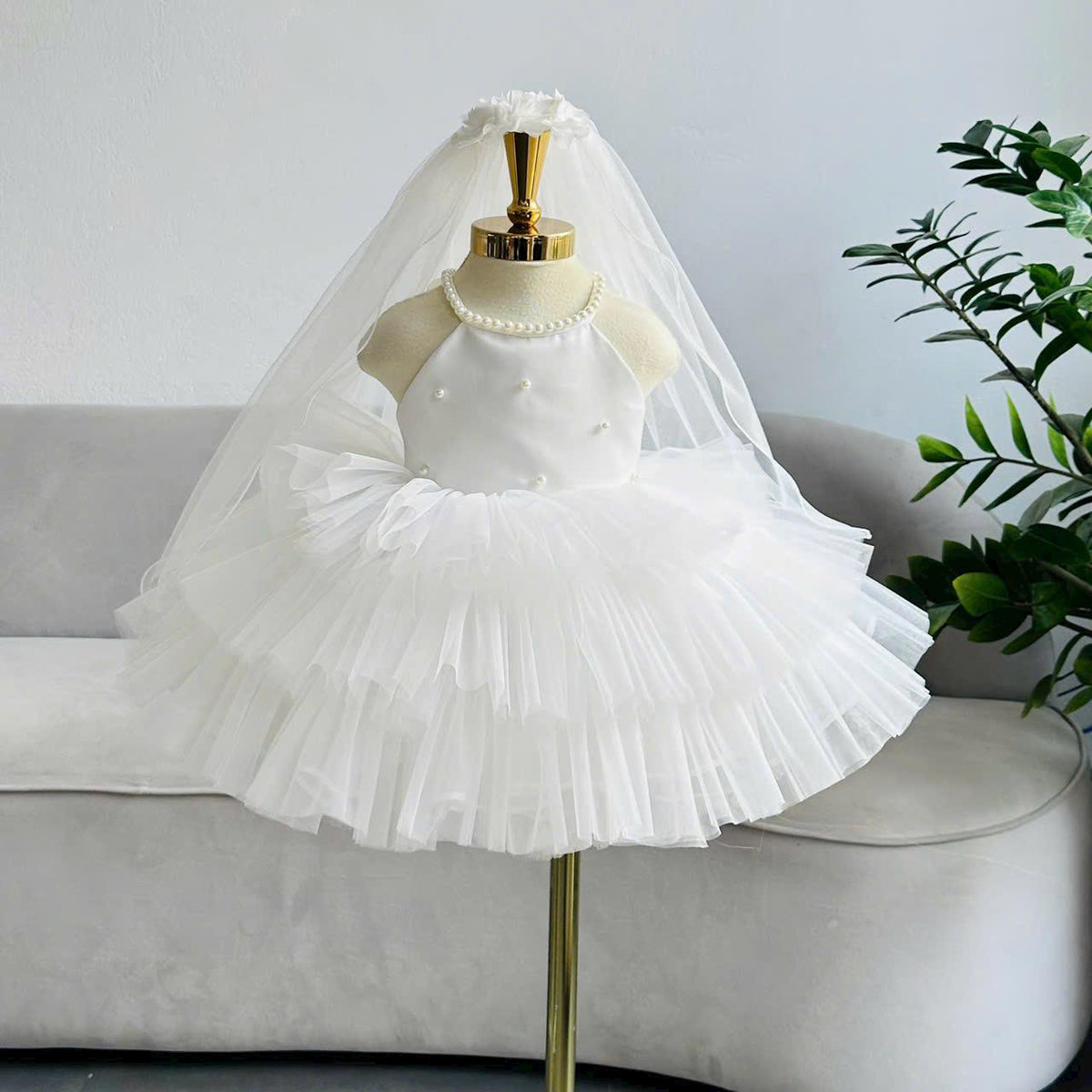 White Tulle Princess Dress: Pearl Details, Satin Bow & Veil