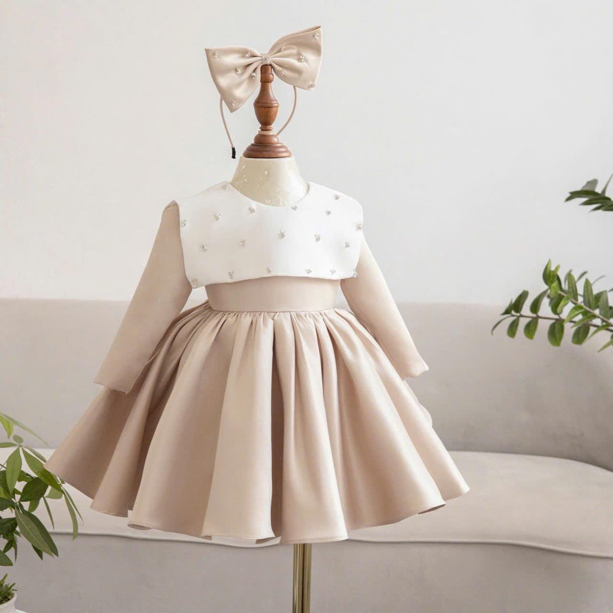 Beige Toddler Girl Dress: Pearl Cape, Bow Headband - Formal Party Outfit
