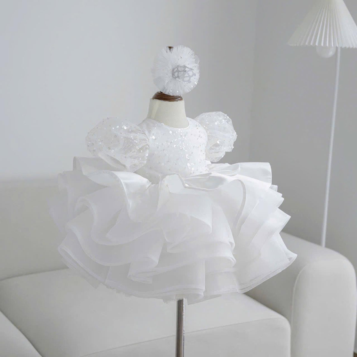 Baby Girl White Sequin Ruffle Dress: First Birthday, Baptism