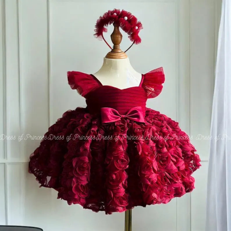 Luxury Red Rose Baby Girl Dress with Bow – Elegant Party, Birthday, Wedding Outfit