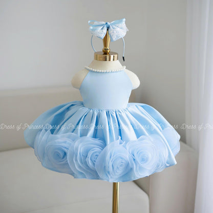 Light Blue Princess Dress with Bow & Roses – Baby Girl Birthday / Party / Photoshoot Outfit