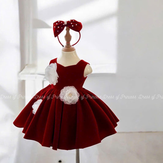 Luxury Red Velvet Baby Girl Dress with Jacket & Bow – Holiday, Birthday, Wedding Outfit