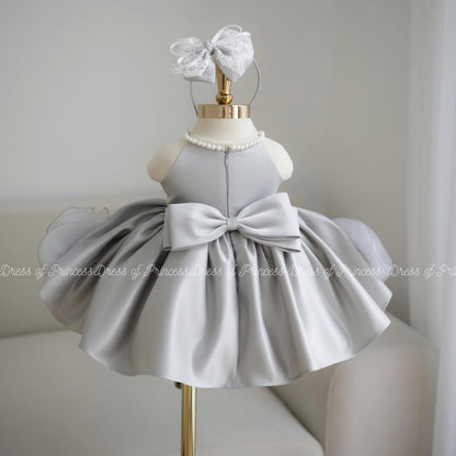 Silver Flower Girl Dress with 3D Floral Hem and Bow – Toddler Birthday Party Dress