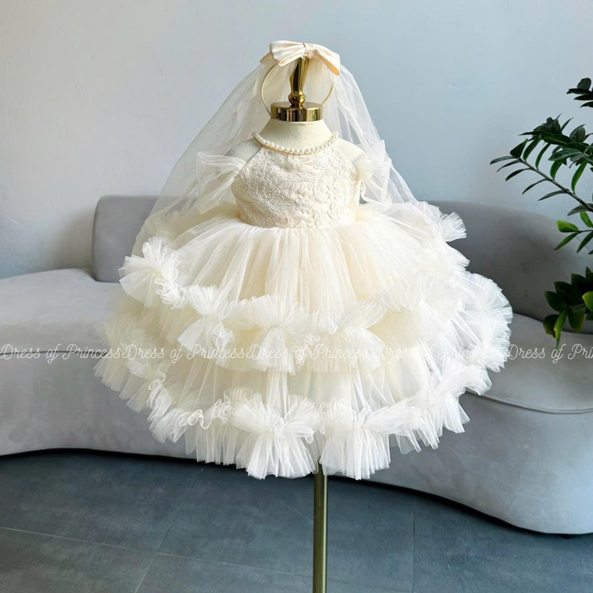 Lace Bodice Tulle Baby Dress | Baptism Outfit with Veil
