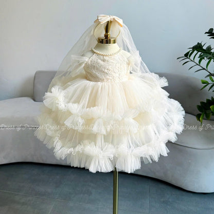 Lace Bodice Tulle Baby Dress | Baptism Outfit with Veil