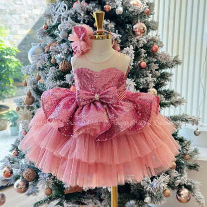 Pink Sequin Princess Dress for Girls, Luxury Birthday Dress, Baby Girl Party Dress, Toddler Tulle Dress, Flower Girl Dress