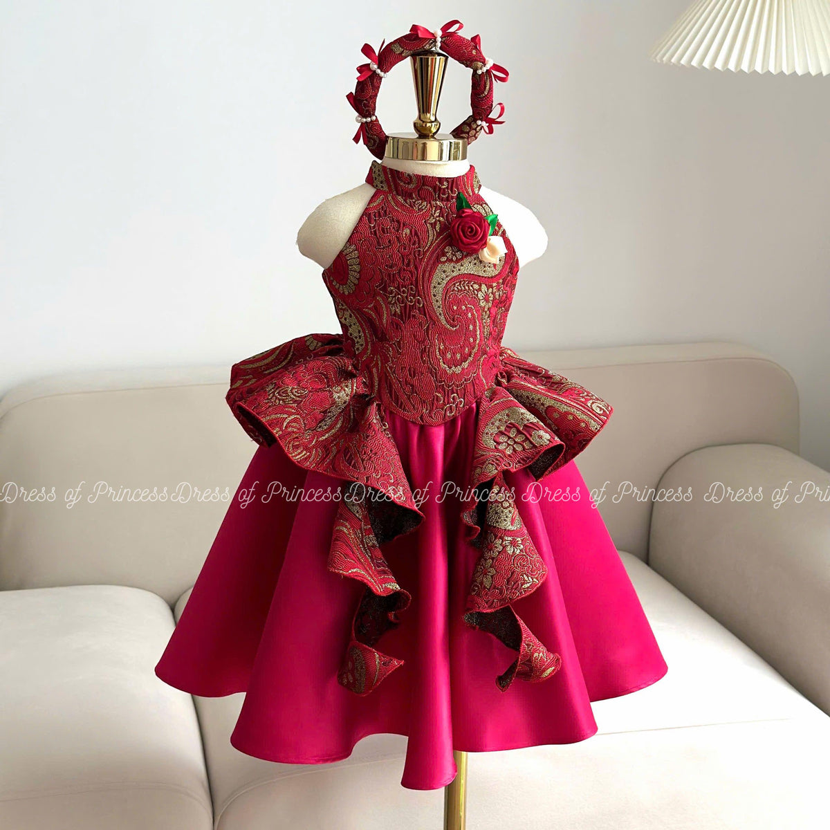 Red Brocade Asian Style Girl Dress: Lotus Ruffle Party Gown