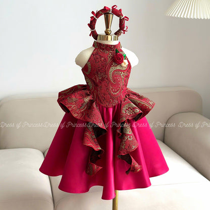 Red Brocade Asian Style Girl Dress: Lotus Ruffle Party Gown
