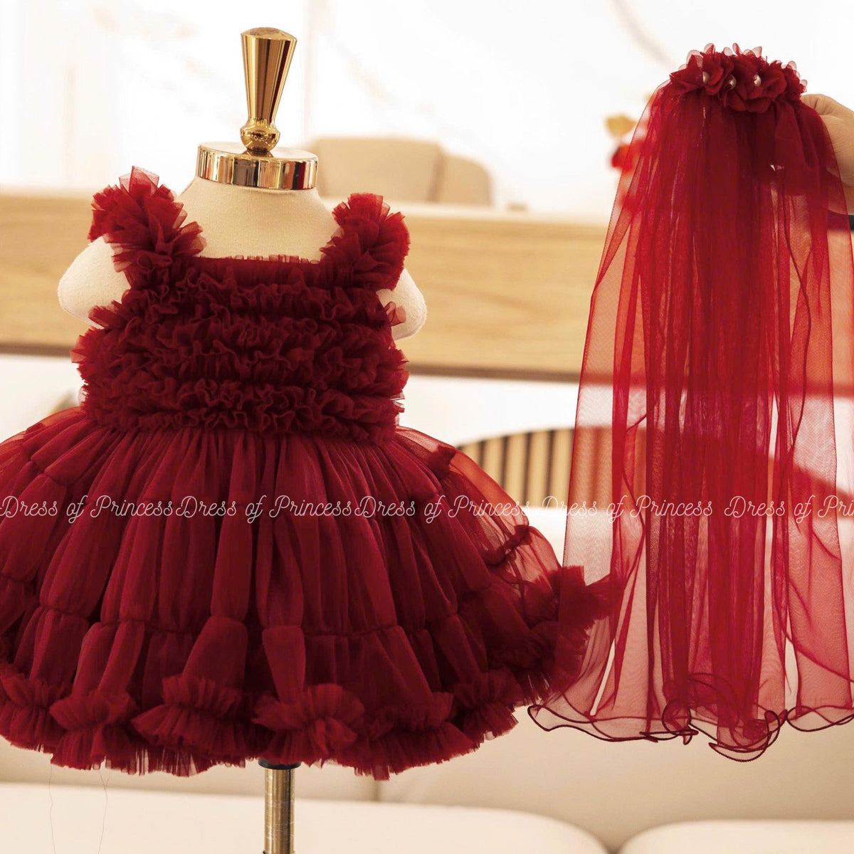 Burgundy Ruffle Tulle Baby Dress with Veil: Princess Birthday Outfit