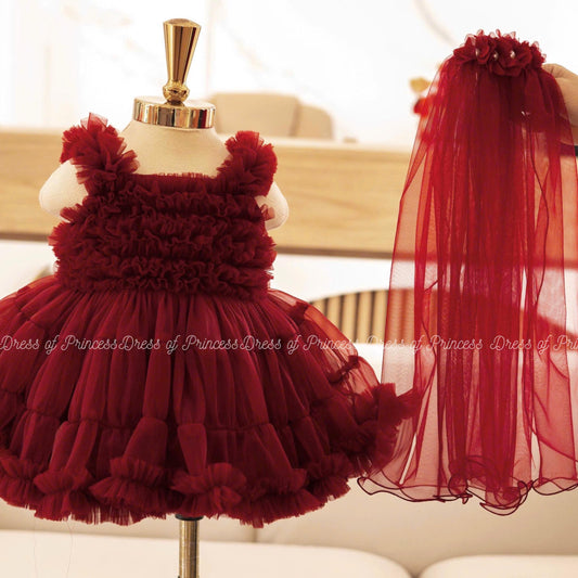Burgundy Ruffle Tulle Baby Dress with Veil: Princess Birthday Outfit
