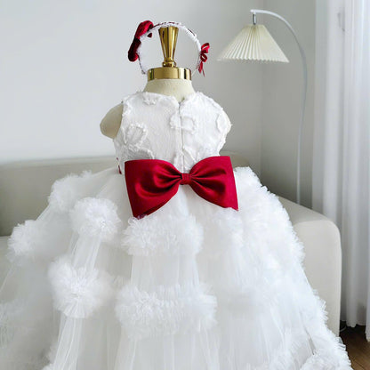 White Tulle Baby Birthday Dress: Red Velvet Bow & Headband
