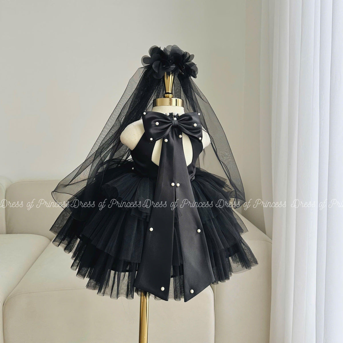Black Tulle Princess Tutu Dress with Veil - Pearl & Bow Detail