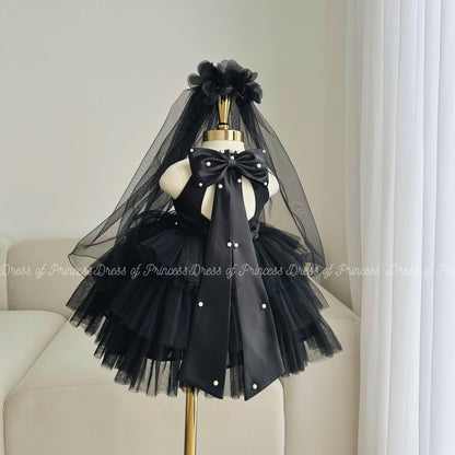 Black Tulle Princess Tutu Dress with Veil - Pearl & Bow Detail