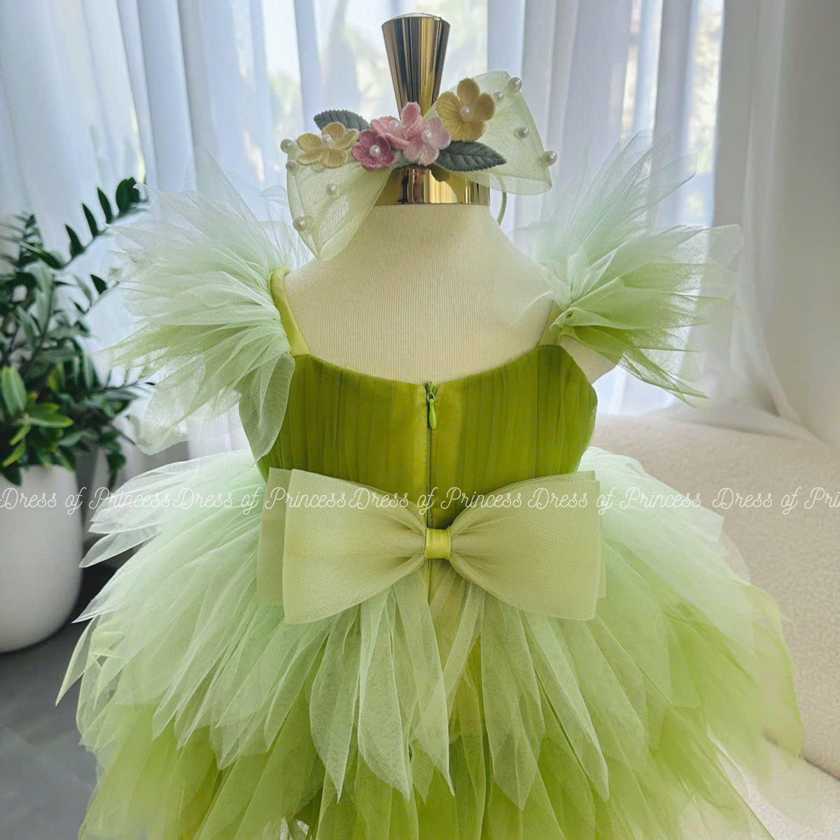 Green Fairy Princess Tutu Dress with Flowers & Bow – Baby Girl Birthday / Party / Photoshoot Outfit