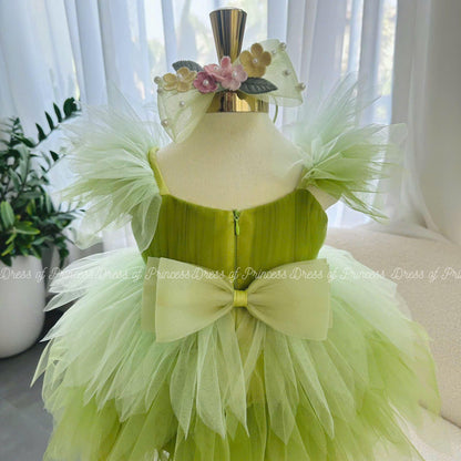 Green Fairy Princess Tutu Dress with Flowers & Bow – Baby Girl Birthday / Party / Photoshoot Outfit