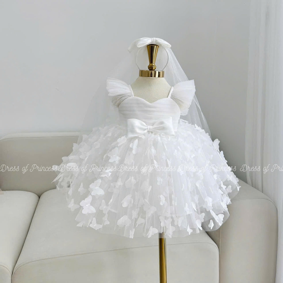 White Butterfly Flower Girl Dress, Tulle Toddler Baptism Gown, Elegant Baby Birthday Outfit