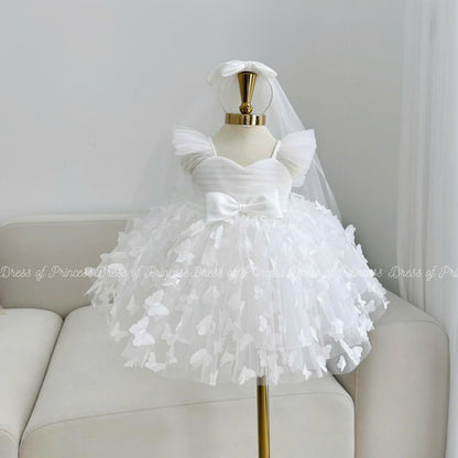 White Butterfly Flower Girl Dress, Tulle Toddler Baptism Gown, Elegant Baby Birthday Outfit