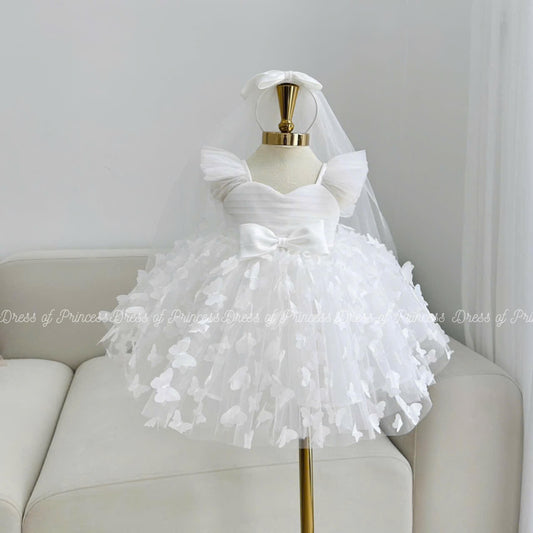White Butterfly Flower Girl Dress, Tulle Toddler Baptism Gown, Elegant Baby Birthday Outfit