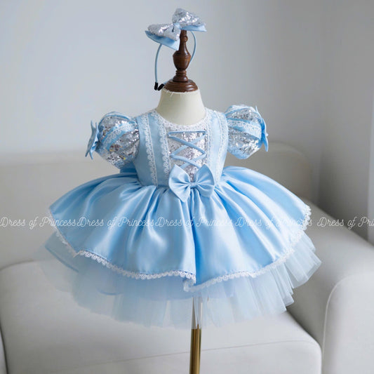 Cinderella Princess Baby Girl Dress – Blue Tulle Birthday Outfit with Sparkle Bow