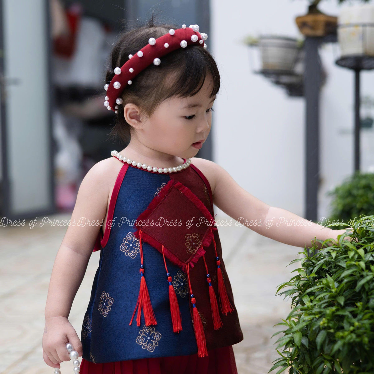 Red & Navy Traditional-Inspired Dress with Bow – Baby Girl Birthday / Festival / Photoshoot Outfit