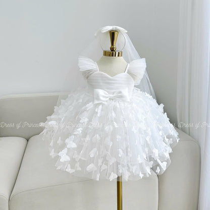 White Butterfly Flower Girl Dress, Tulle Toddler Baptism Gown, Elegant Baby Birthday Outfit