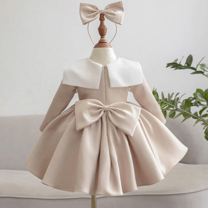 Beige Toddler Girl Dress: Pearl Cape, Bow Headband - Formal Party Outfit