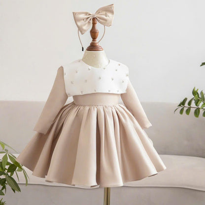Beige Toddler Girl Dress: Pearl Cape, Bow Headband - Formal Party Outfit