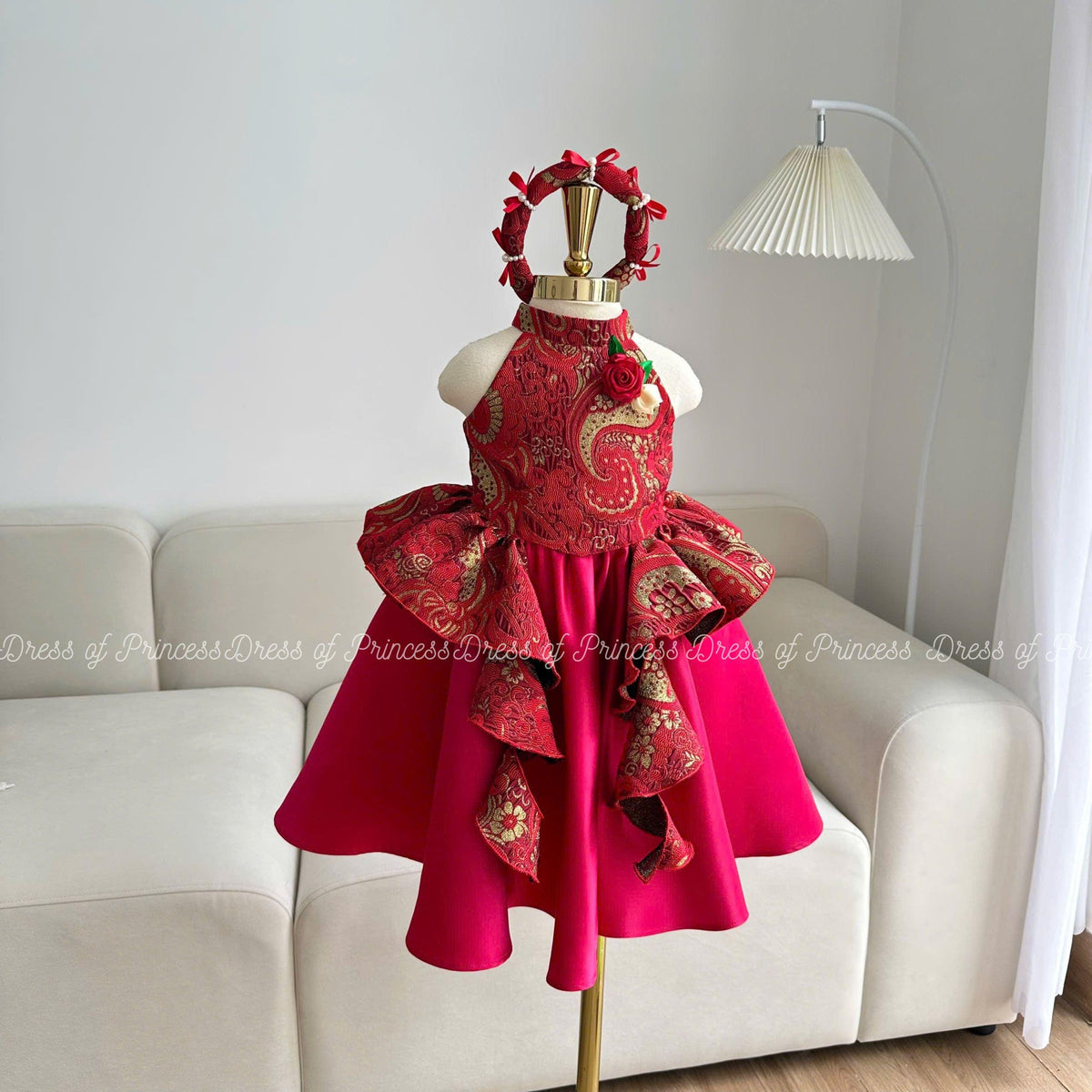 Red Brocade Asian Style Girl Dress: Lotus Ruffle Party Gown
