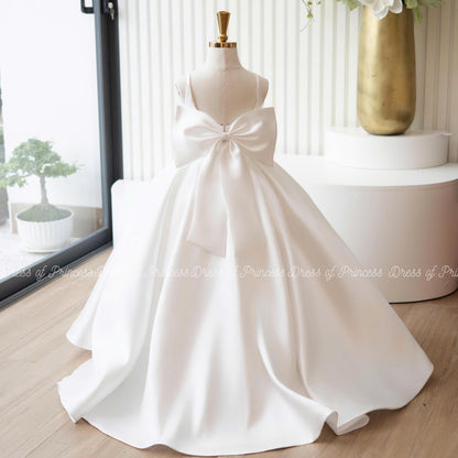 Luxury Satin Flower Girl Dress with Veil & Big Bow | Custom Colors | Wedding Birthday Communion Gown for Toddler and Girls