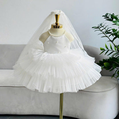 White Tulle Princess Dress: Pearl Details, Satin Bow & Veil