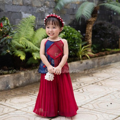 Red & Navy Traditional-Inspired Dress with Bow – Baby Girl Birthday / Festival / Photoshoot Outfit