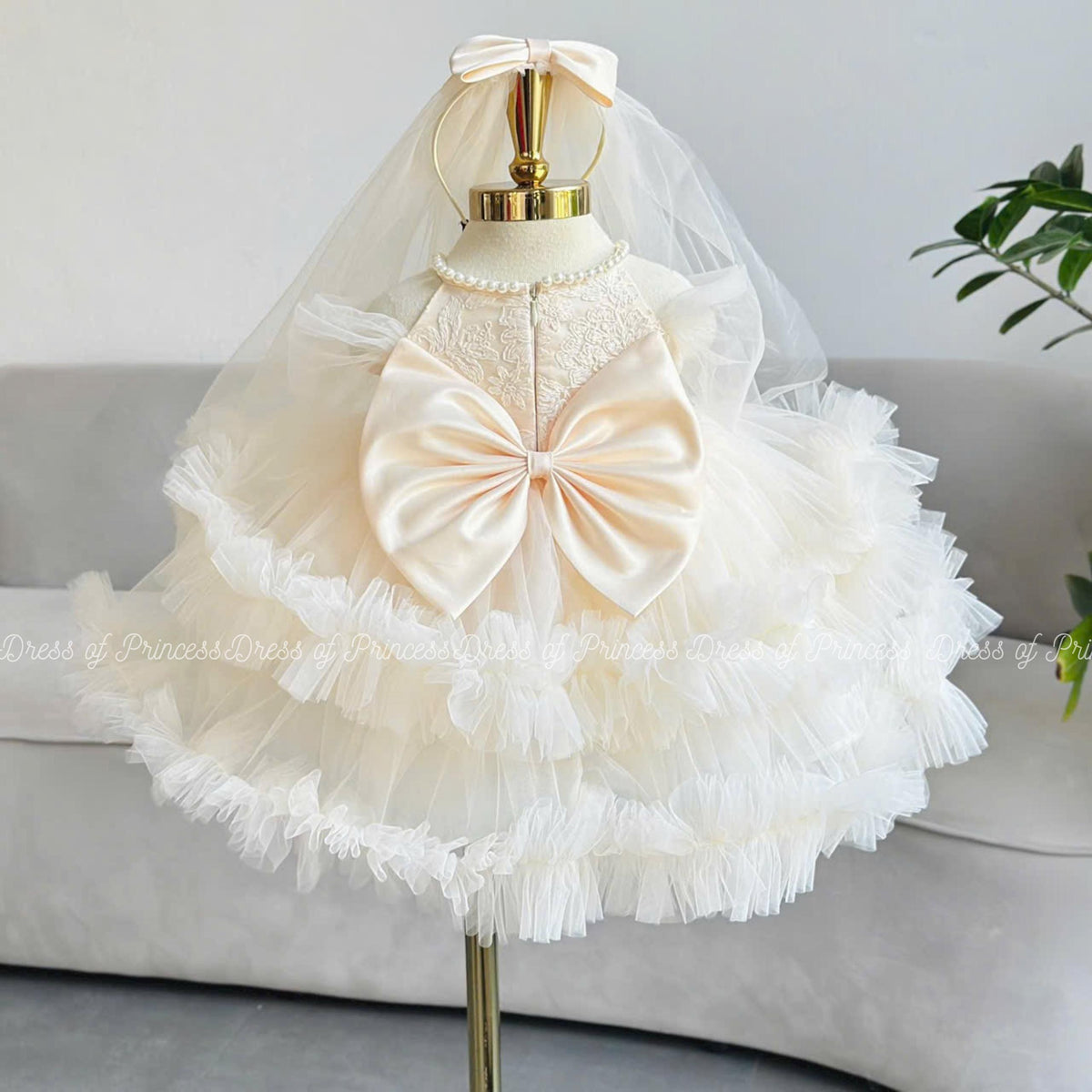 Lace Bodice Tulle Baby Dress | Baptism Outfit with Veil