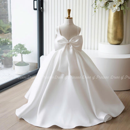 Luxury Satin Flower Girl Dress with Veil & Big Bow | Custom Colors | Wedding Birthday Communion Gown for Toddler and Girls