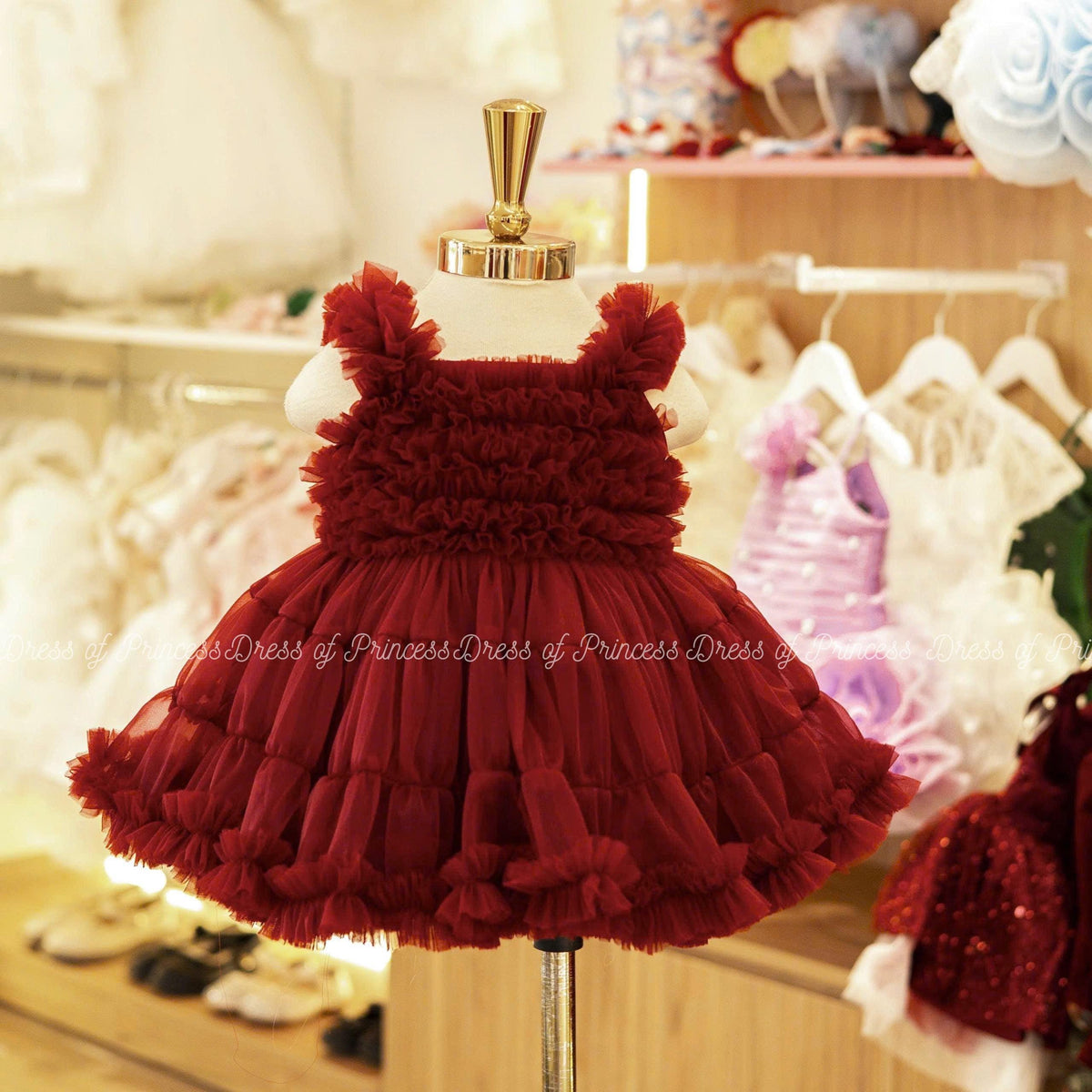 Burgundy Ruffle Tulle Baby Dress with Veil: Princess Birthday Outfit