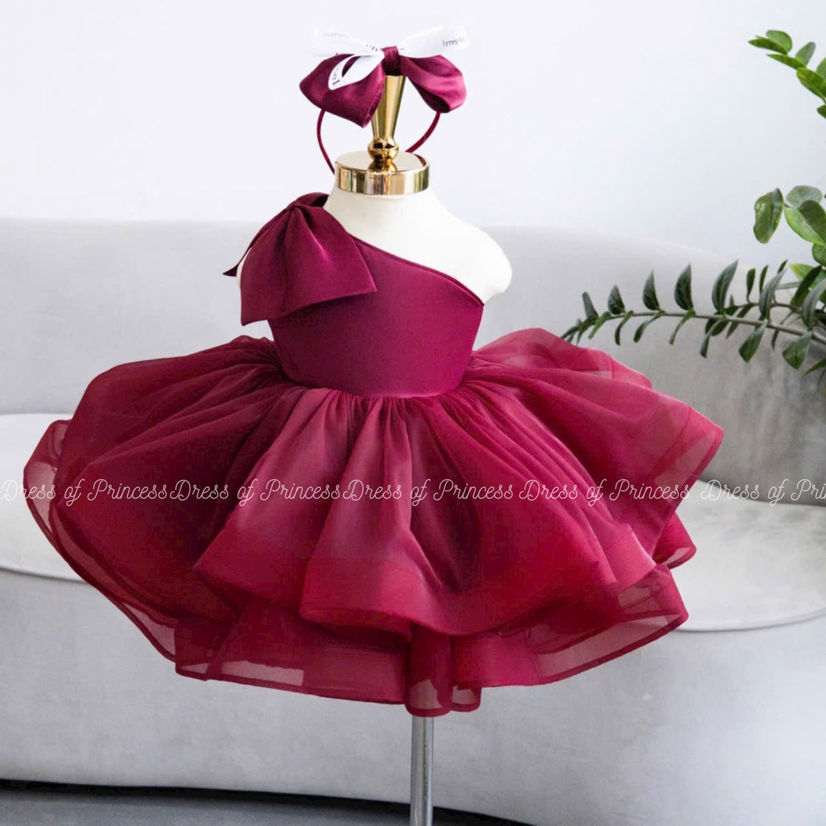 Luxury Burgundy Tulle Party Dress with Bow Headband