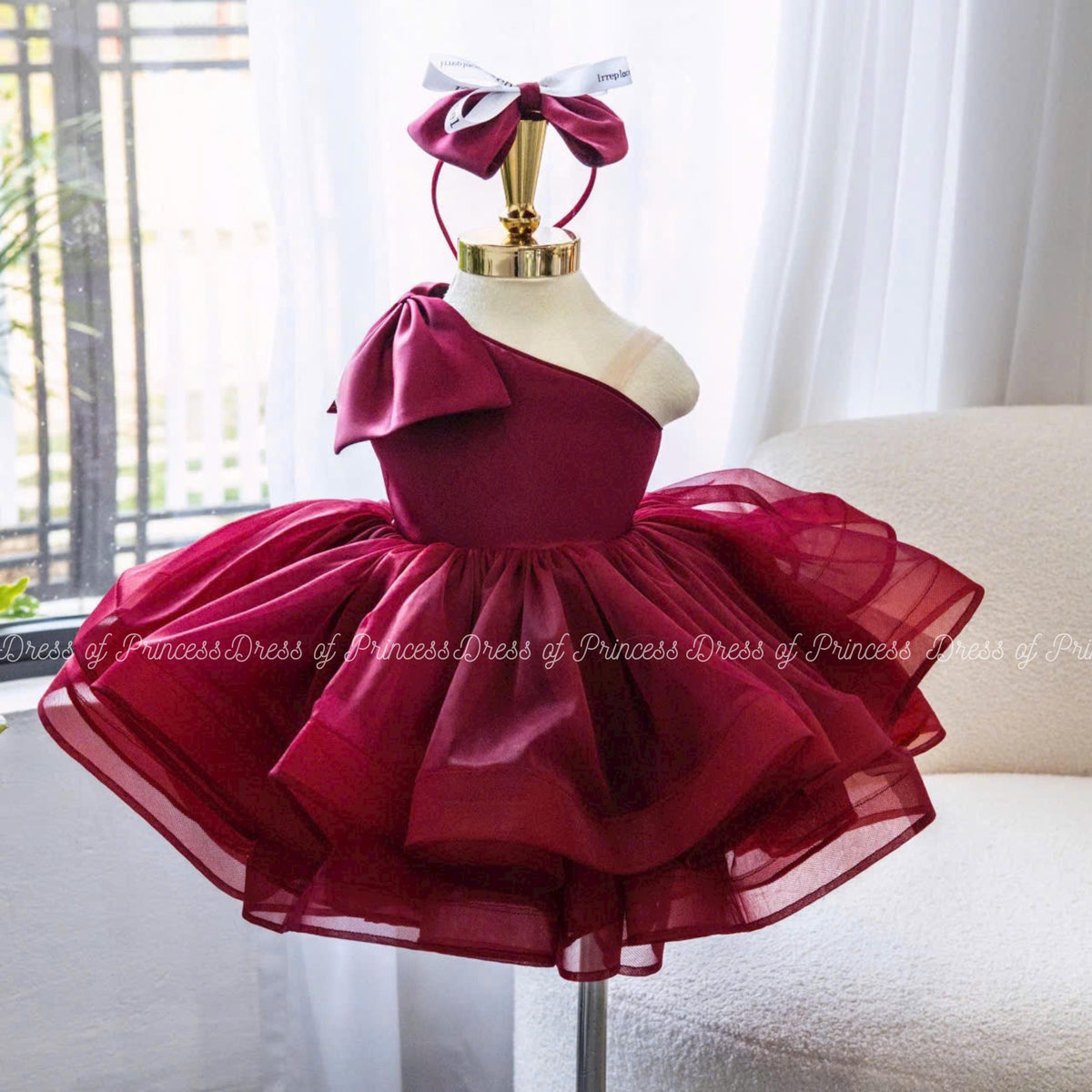 Luxury Burgundy Tulle Party Dress with Bow Headband