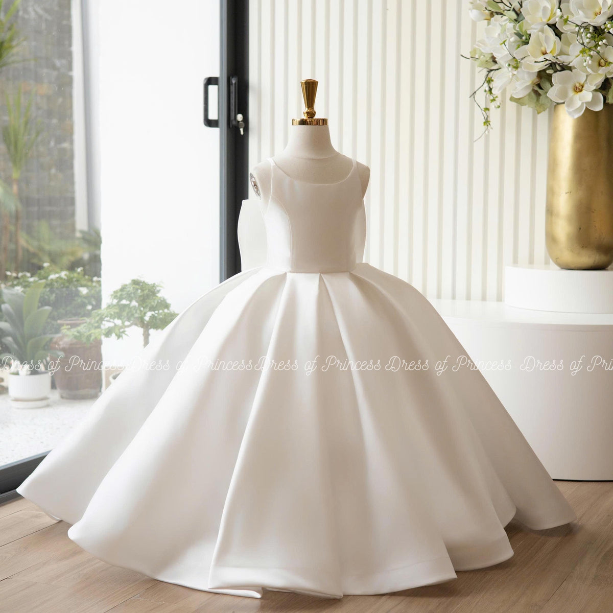 Luxury Satin Flower Girl Dress with Veil & Big Bow | Custom Colors | Wedding Birthday Communion Gown for Toddler and Girls