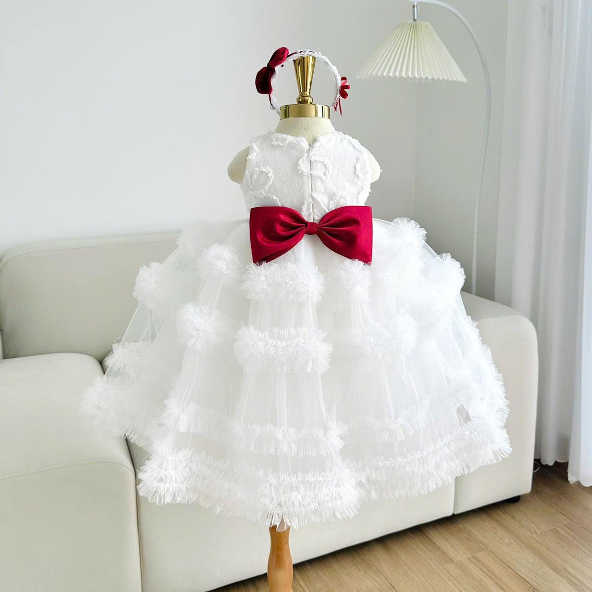White Tulle Baby Birthday Dress: Red Velvet Bow & Headband