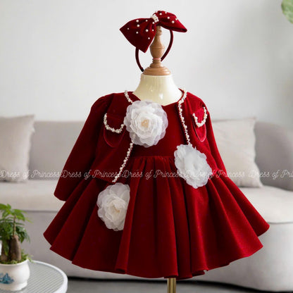 Luxury Red Velvet Baby Girl Dress with Jacket & Bow – Holiday, Birthday, Wedding Outfit