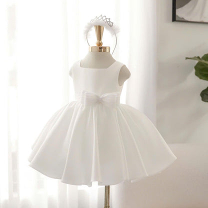 White Flower Girl Dress: Sleeveless Party Gown with Bow & Headband