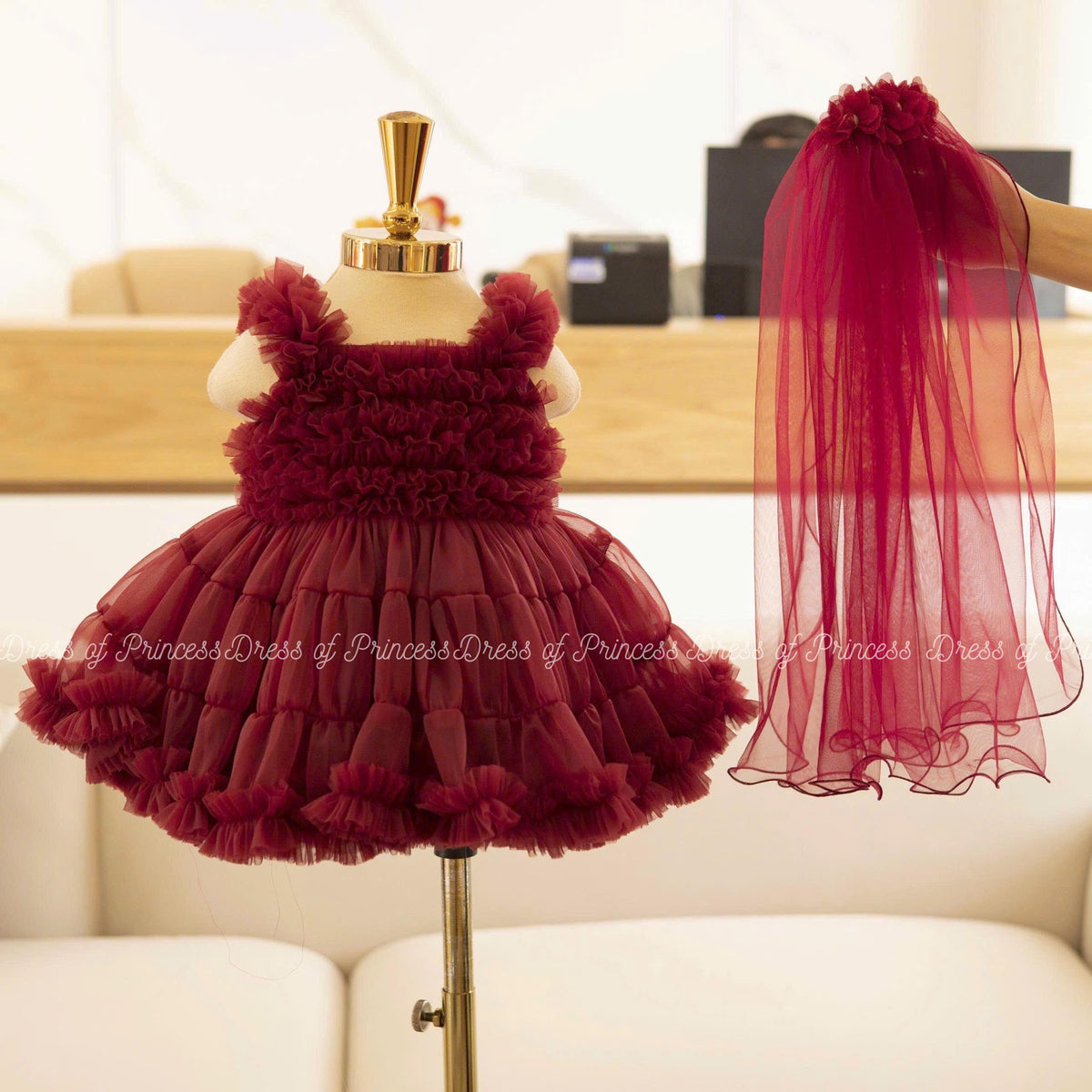 Burgundy Ruffle Tulle Baby Dress with Veil: Princess Birthday Outfit