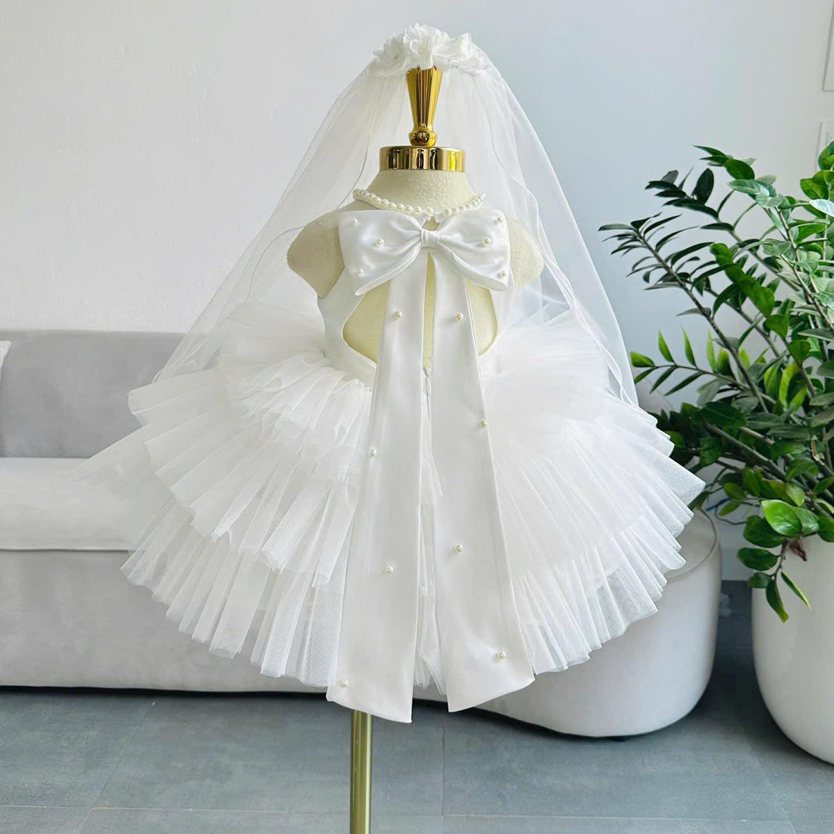 White Tulle Princess Dress: Pearl Details, Satin Bow & Veil