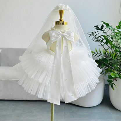 White Tulle Princess Dress: Pearl Details, Satin Bow & Veil