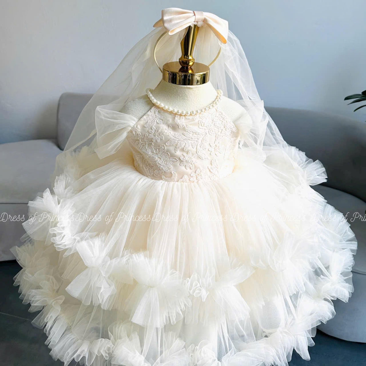 Lace Bodice Tulle Baby Dress | Baptism Outfit with Veil