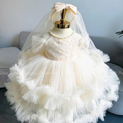 Lace Bodice Tulle Baby Dress | Baptism Outfit with Veil