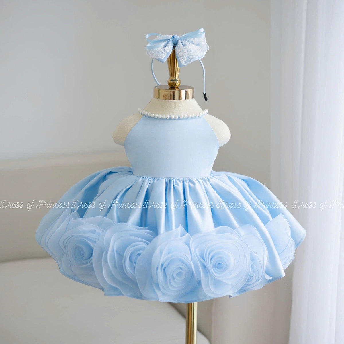 Light Blue Princess Dress with Bow & Roses – Baby Girl Birthday / Party / Photoshoot Outfit