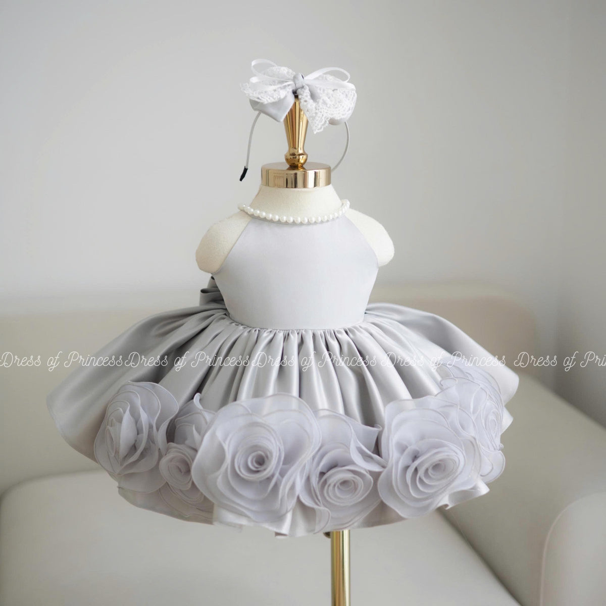 Silver Flower Girl Dress with 3D Floral Hem and Bow – Toddler Birthday Party Dress