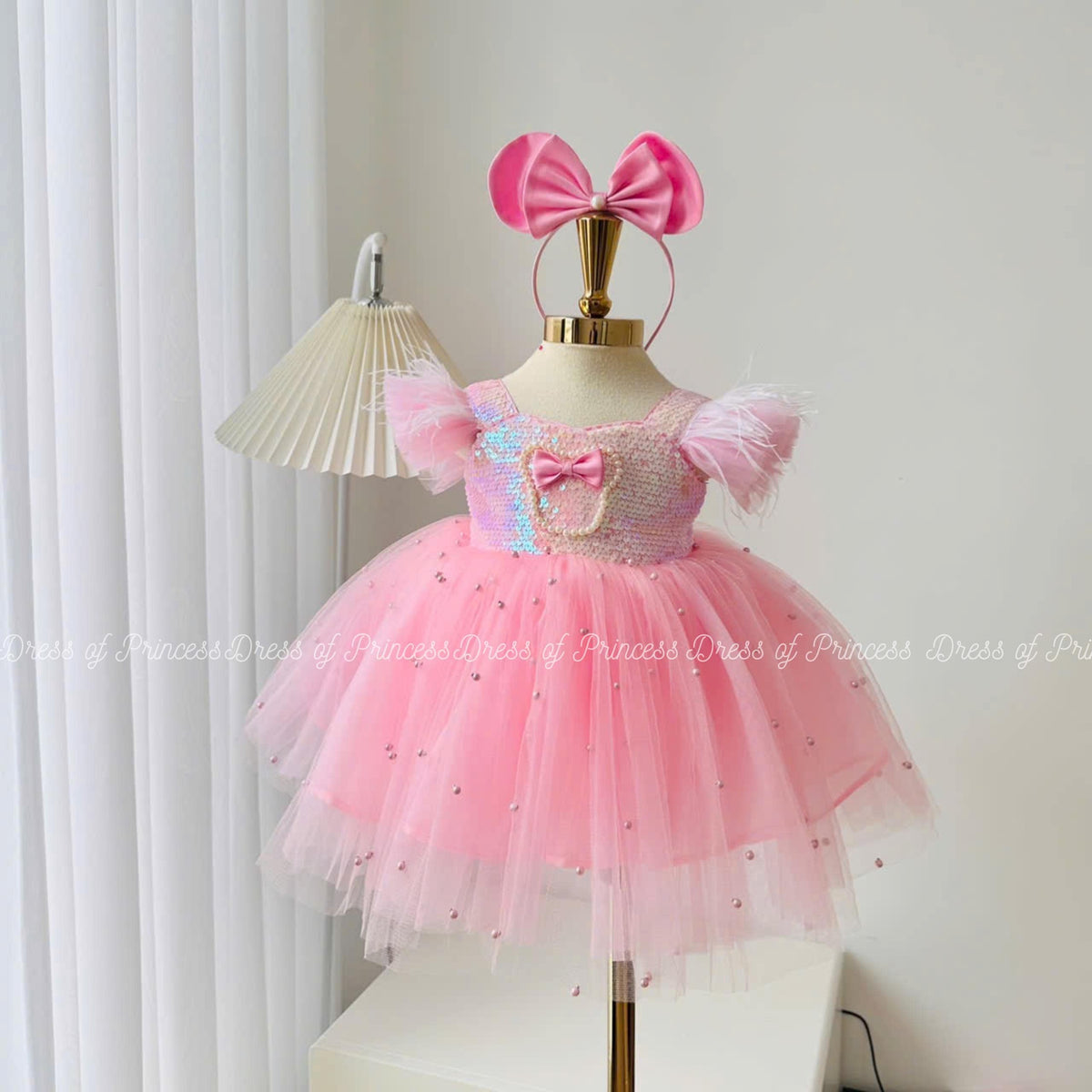 Pink Sequin Tulle Princess Dress: Big Bow & Headband Outfit
