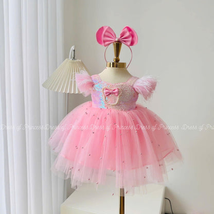 Pink Sequin Tulle Princess Dress: Big Bow & Headband Outfit